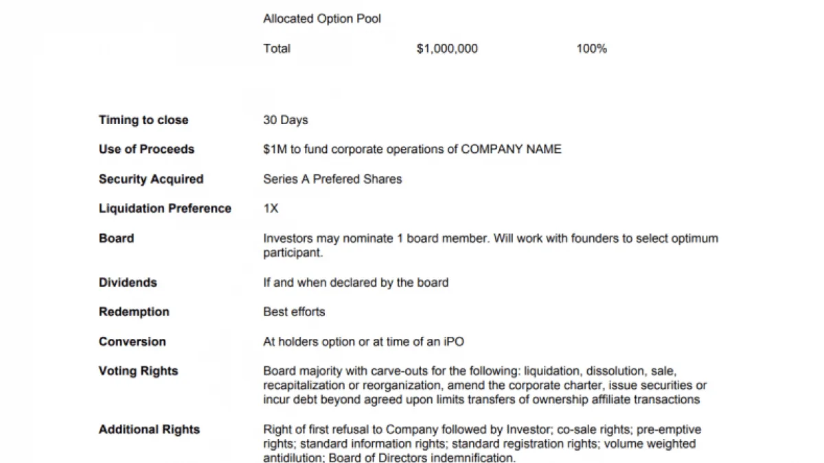 Term sheet example