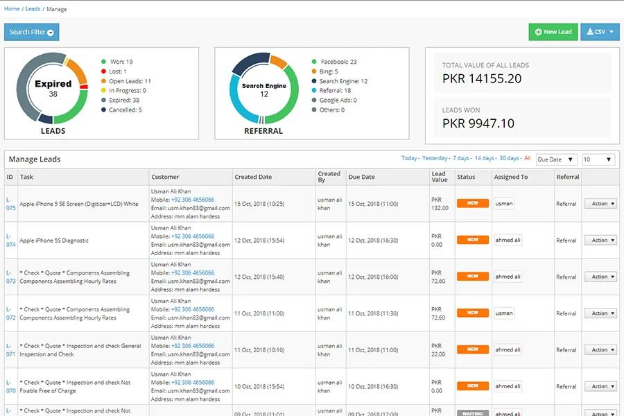 RepairDesk's dashboard